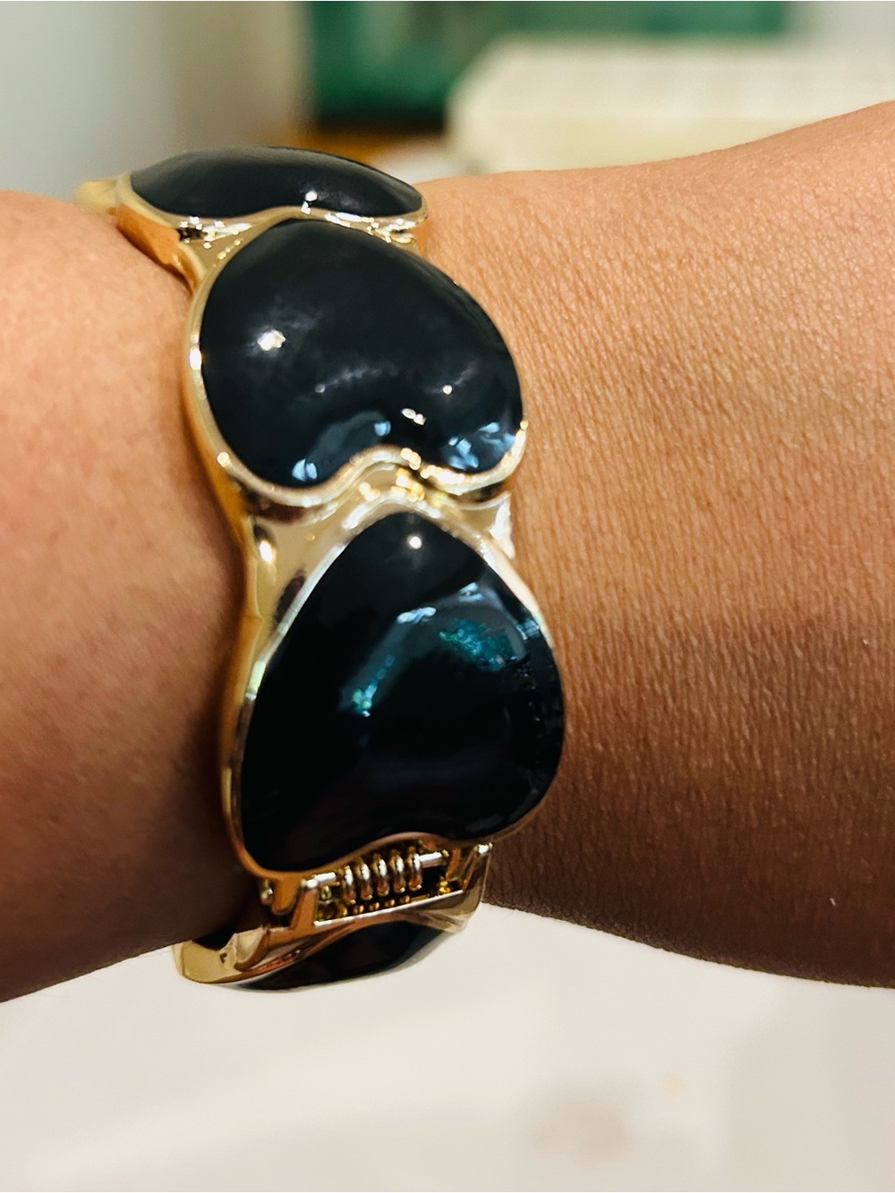 Gold Bracelet with Deep Teal Resin Inlays